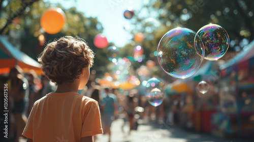 Child enjoys colorful bubbles at a vibrant outdoor fair in the park during a sunny afternoon in summer