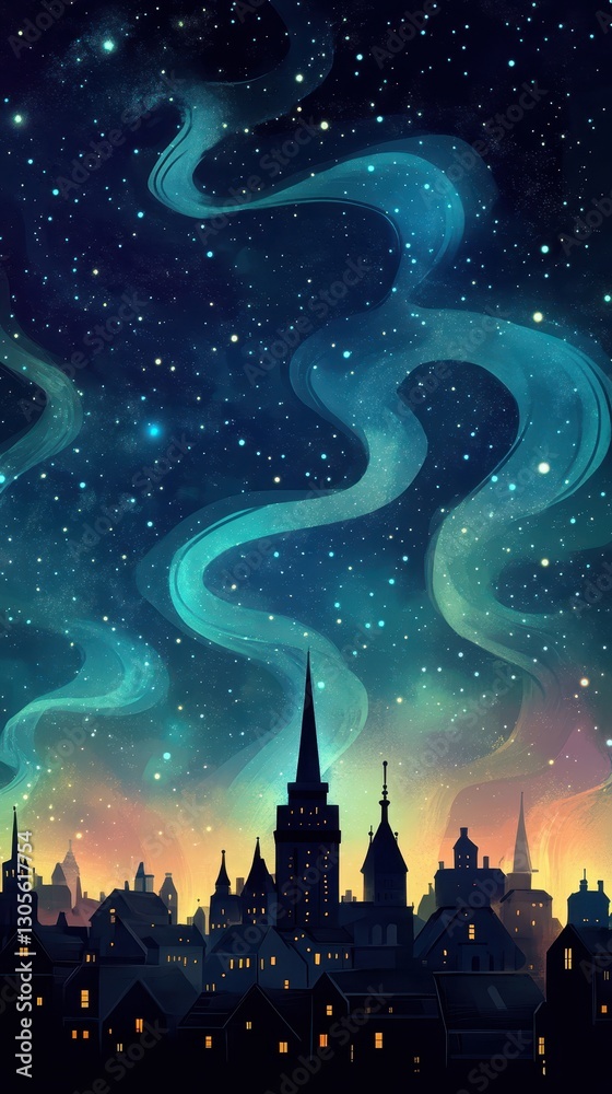 Fototapeta premium A stylized digital painting of a starry night city scene