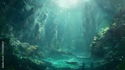 An underwater canyon with gently shimmering algae