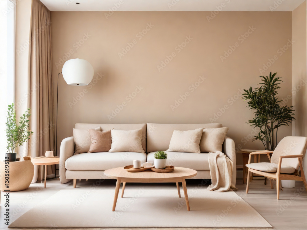 Fototapeta premium Modern cozy living room with neutral decor and wooden furniture.