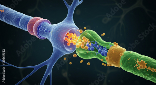 Synapse images. Synaptic Transmission: AI-Generated 3D Visualization of Neural Signal Transfer in the Synapse for Medical and Scientific Use photo