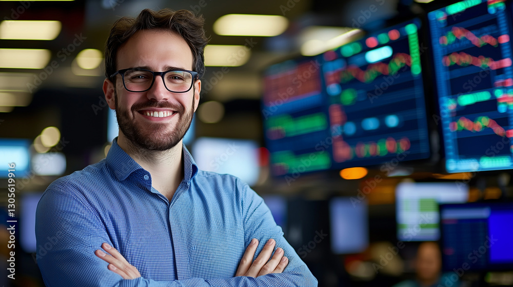 Obraz premium Confident broker in vibrant trading hub celebrating success and teamwork