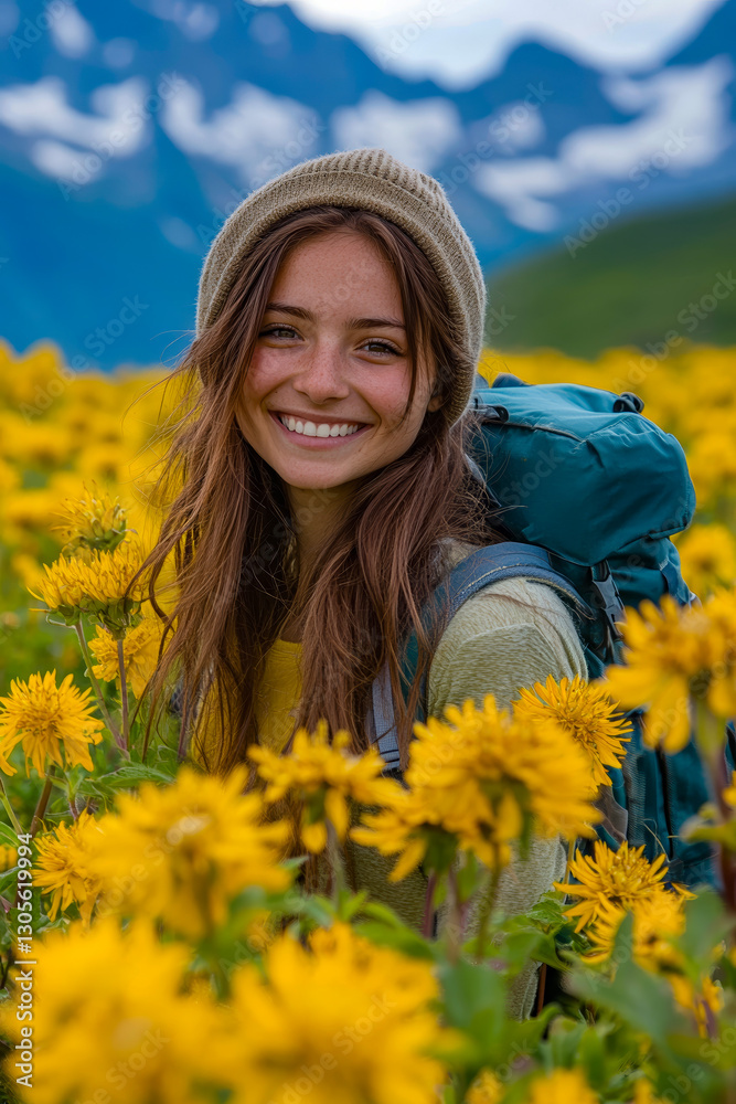 A woman with a backpack standing in a field of yellow flowers A woman with a backpack standing in a field of yellow flowers