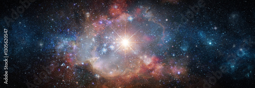 A view from space to a galaxy and stars. Universe filled with stars, nebula and galaxy,. Panoramic shot, wide format. Elements of this image furnished by NASA.