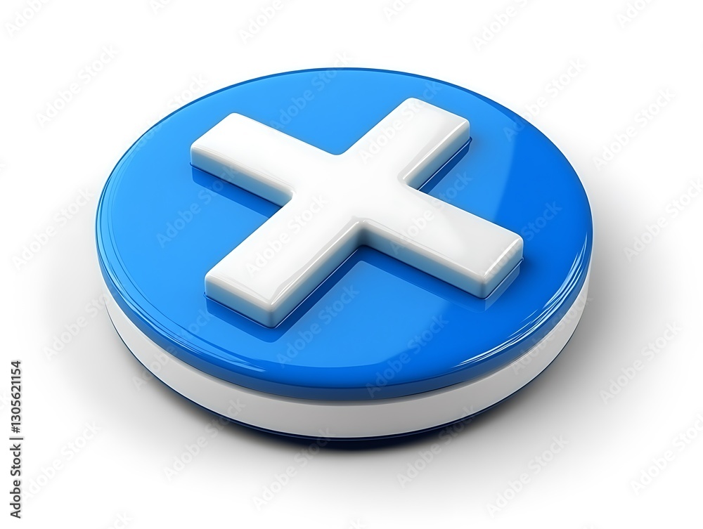 Blue Cross Button, 3D Render, White Background Blue Cross Button, 3D Render, White Background