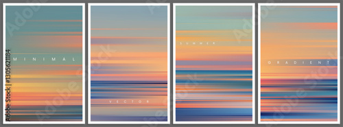 Set of summer themed gradient posters in minimal style. Beautiful ocean beach horizon with sunset in pastel anime colors. Trendy design with ambient soft blurred background for banner, flyer, cover