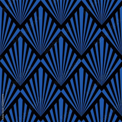 Art Deco striped diamond fans vector pattern, vintage style geometrics monochrome blue fans seamless background.
