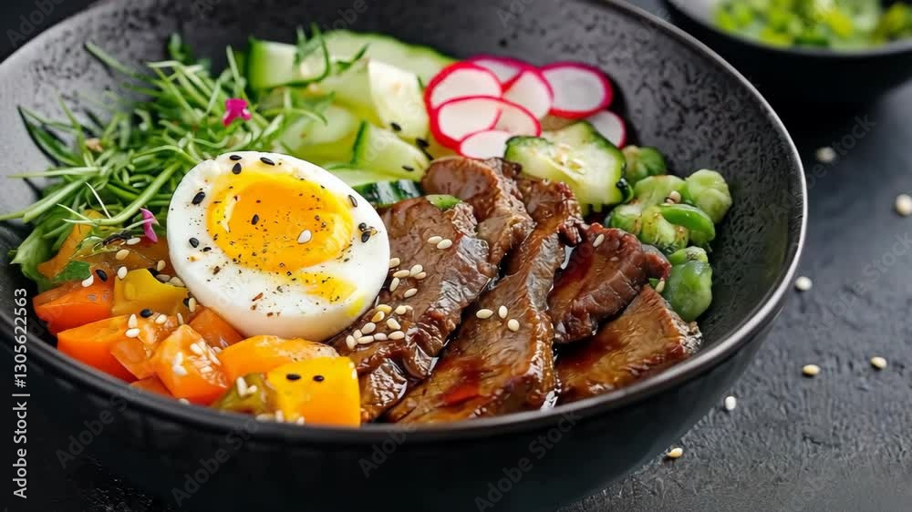 A black bowl of food with meat, vegetables, and eggs A black bowl of food with meat, vegetables, and eggs