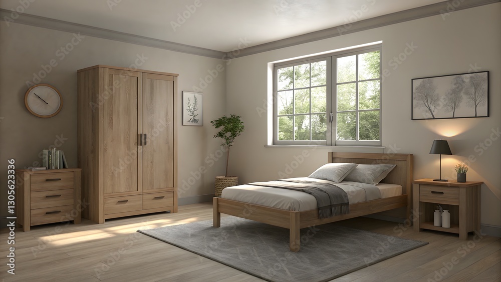 Fototapeta premium Minimalist bedroom with wooden furniture