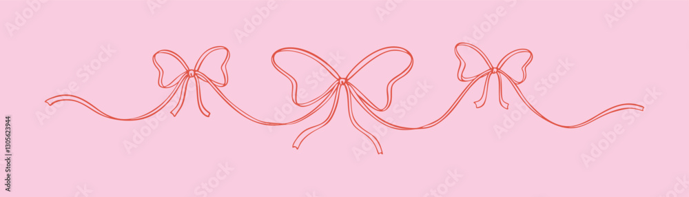Hand drawn bow ribbon text divider, tape separator. Fancy sketchy vintage flourish design elements. Filigree wavy pink whimsical background. Christmas present, birthday gift tape pack