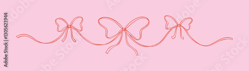 Hand drawn bow ribbon text divider, tape separator. Fancy sketchy vintage flourish design elements. Filigree wavy pink whimsical background. Christmas present, birthday gift tape pack