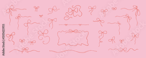 Set of whimsical bowknots, rectangle wavy ribbon frame, filigree tape victorian borders, flourish bow corners. Girly coquette design style. Italian and French restaurant menu decoration. Wedding decor
