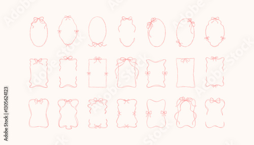 Bow ribbon border set. Hand drawn vertical oval and rectangle cute vintage coquettish frames. Line art doodle vector illustration. Wedding invite, valentine card, Christmas  celebration elements