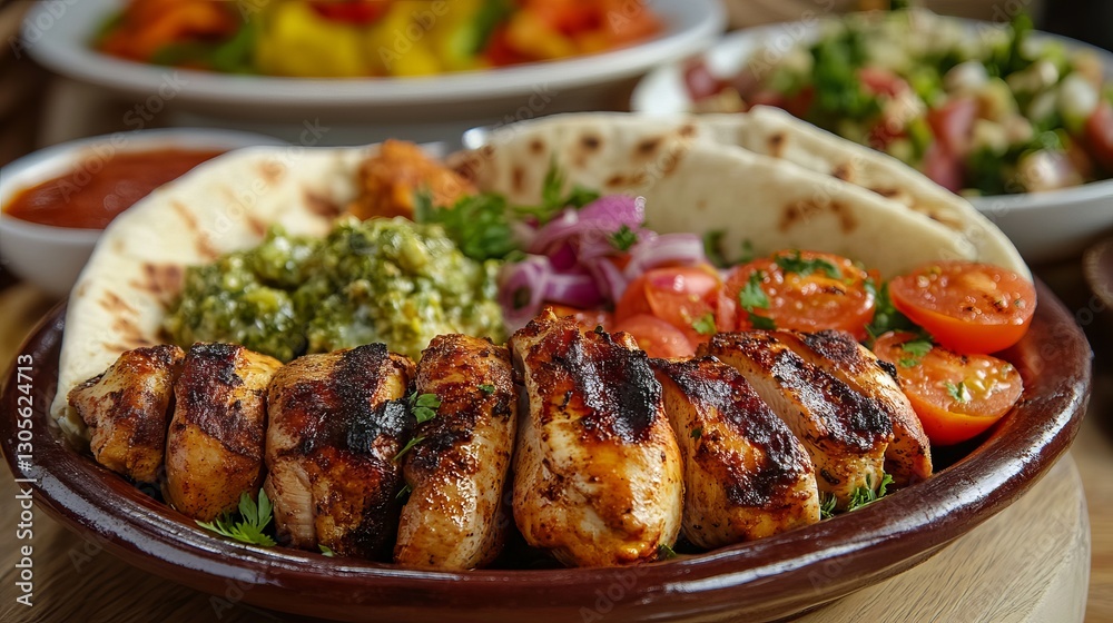 Delicious Grilled Chicken Skewers with Pita Bread Fresh Herbs Aromatic Spices Colorful Vegetables Mediterranean Cuisine Restaurant Food Photography Delicious Grilled Chicken Skewers with Pita Bread Fresh Herbs Aromatic Spices Colorful Vegetables Mediterranean Cuisine Restaurant Food Photography