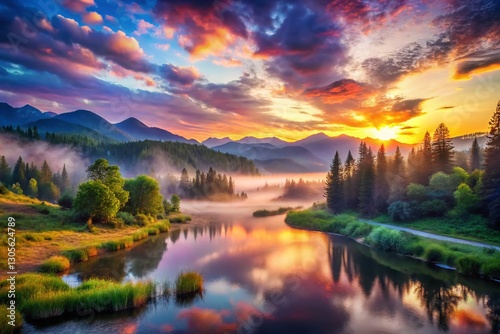 Panoramic Artistic Nature Backdrop: Faded Dreamlike Landscape