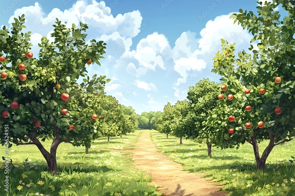Fruit-laden apple trees line a dirt path stretching through an orchard under a bright blue sky dotted with fluffy white clouds, creating a serene and picturesque rural landscape