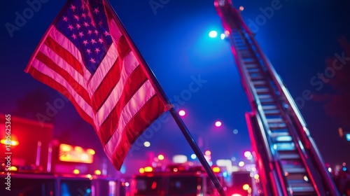 American flag on fire truck ladder at parade, bright festive light, vibrant red and blue hues, and lively celebratory mood, wide-angle shot.