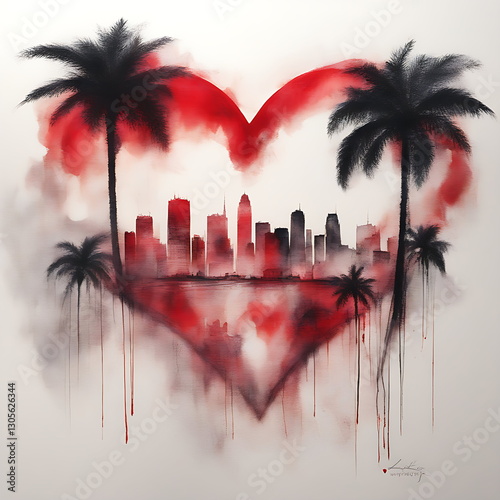 heart, palm trees, city silhouette