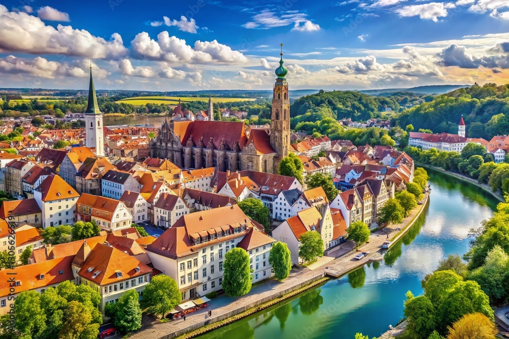Naklejka premium Panoramic Landshut Bavaria: Cityscape, River Isar, Medieval Architecture