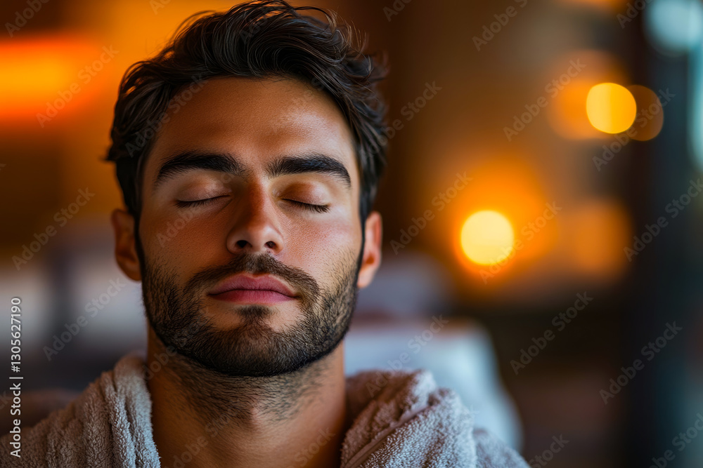 Fototapeta premium A man with his eyes closed and his head resting on his hands