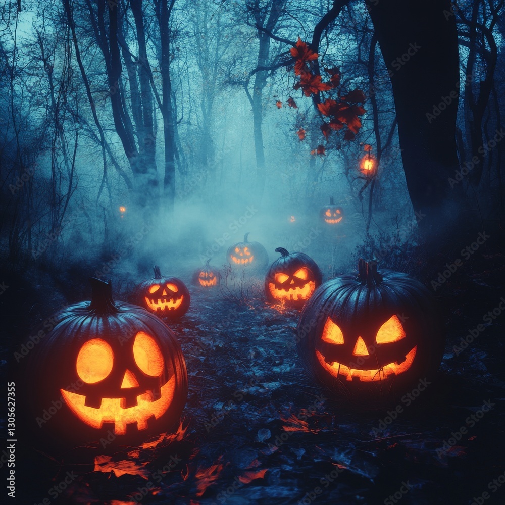 Magical forest illuminated by glowing jack-o'-lanterns on a spooky Halloween night Magical forest illuminated by glowing jack-o'-lanterns on a spooky Halloween night