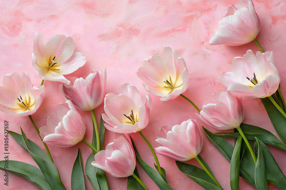 Obraz premium photograph of pink tulips on a pink background, in a flat lay, top view.