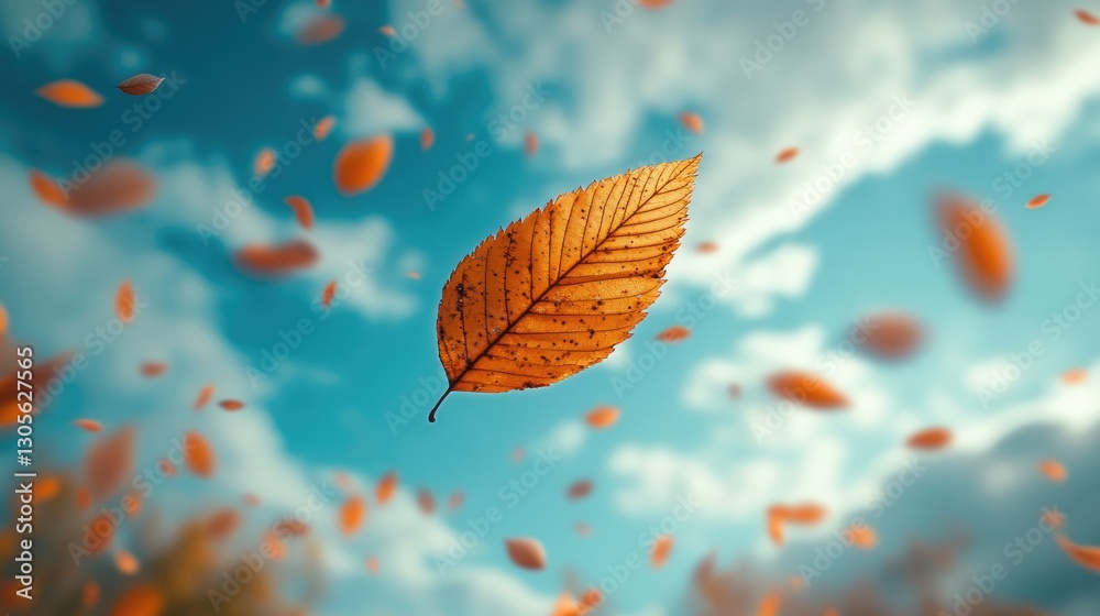 Autumn Leaf Floating in Wind, Beautiful Sky Background, Nature Photography Autumn Leaf Floating in Wind, Beautiful Sky Background, Nature Photography