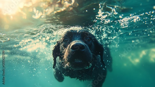 Black Labrador swimming in lake, bright midday light, cool blue and green hues, water splashing, and playful outdoor atmosphere, eye-level shot.
