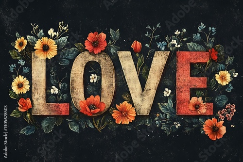 Colorful floral design spelling the word love in capital letters photo