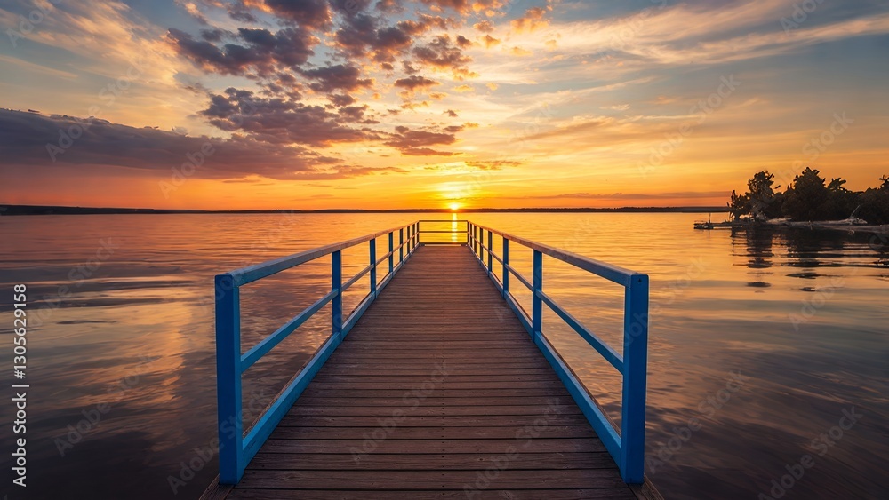 Serene Sunset over Water, Leading to a Wooden Pier Serene Sunset over Water, Leading to a Wooden Pier