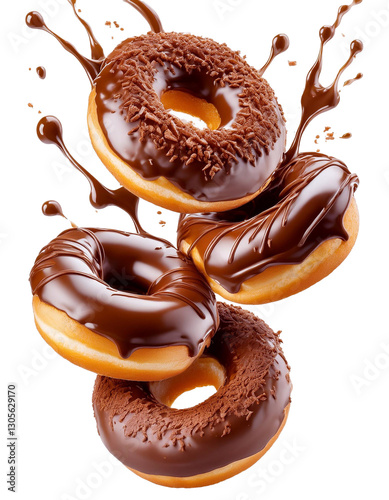 Chocolate donuts falling with splashing chocolate on transparent background