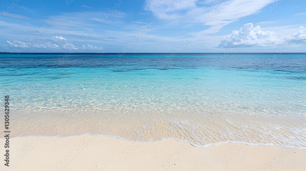 A serene beach scene featuring crystal-clear blue water gently lapping at the shore, a sunny sky with fluffy white clouds, vibrant yet calming colors. travel brochures or summer product branding. A serene beach scene featuring crystal-clear blue water gently lapping at the shore, a sunny sky with fluffy white clouds, vibrant yet calming colors. travel brochures or summer product branding.