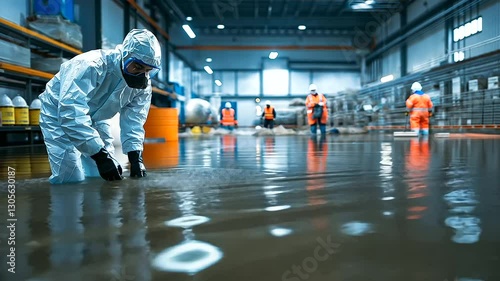 Wallpaper Mural A burst water pipe in a chemical plant, flooding a storage area as staff in protective suits work urgently to stop the leak and protect supplies. Torontodigital.ca