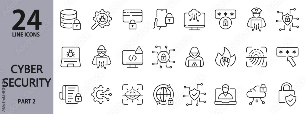 Cybersecurity line icons set with Security, Cyber, Identity, Internet, AI, Hacking, Firewall, Data, Protection, Cyber, Attack, Encryption and more. Editable Stroke