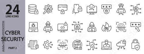 Cybersecurity line icons set with Security, Cyber, Identity, Internet, AI, Hacking, Firewall, Data, Protection, Cyber, Attack, Encryption and more. Editable Stroke