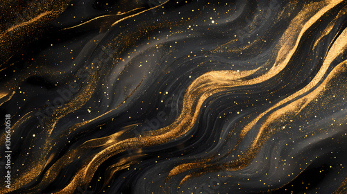 Gold dust glitter sparkle wave texture on the black background. shimmer texture. Movement - River. Illustration