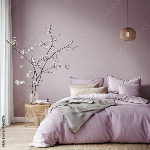 A cozy and well decorated bedroom with soft purple bedding and decor