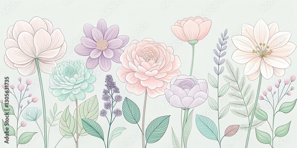 custom made wallpaper toronto digitalPastel Summer Flower Line Art Minimalist Illustration: Delicate Floral Design for Summer Branding