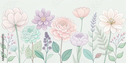 Wallpaper Mural Pastel Summer Flower Line Art Minimalist Illustration: Delicate Floral Design for Summer Branding Torontodigital.ca