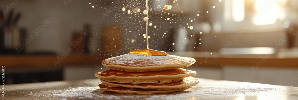 Obraz premium Stack of fluffy pancakes drizzled with syrup and dusted with powdered sugar in a sunny kitchen. Generative AI