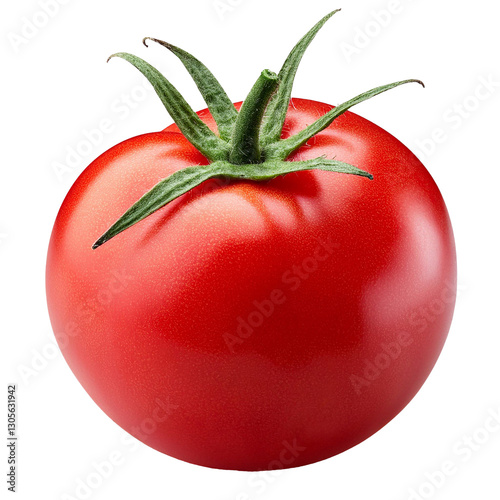 Ripe red tomato with green stem on transparent background