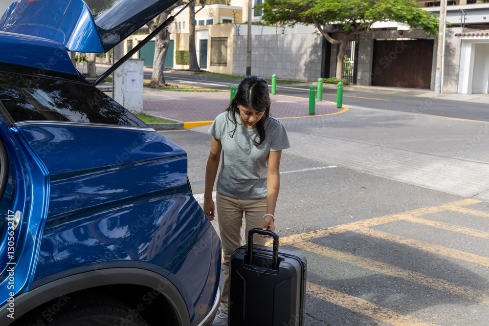 A teenager is getting out of a blue car and pulling a suitcase