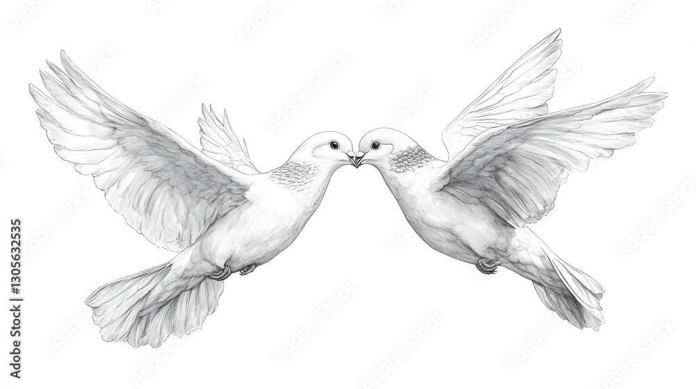 Obraz premium Two white birds are flying together in the sky. The birds are close to each other and appear to be in a loving embrace. Concept of peace and harmony