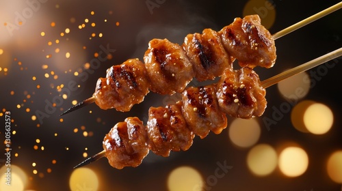 A product shot of Moo Ping grilled pork skewers in midair, with golden, grilled pork skewers hovering, no water or liquids in the scene.