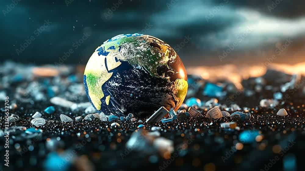 A detailed composition showing Earth with plastic waste replacing its atmospheric clouds, creating a dystopian image of the planet under siege from pollution.