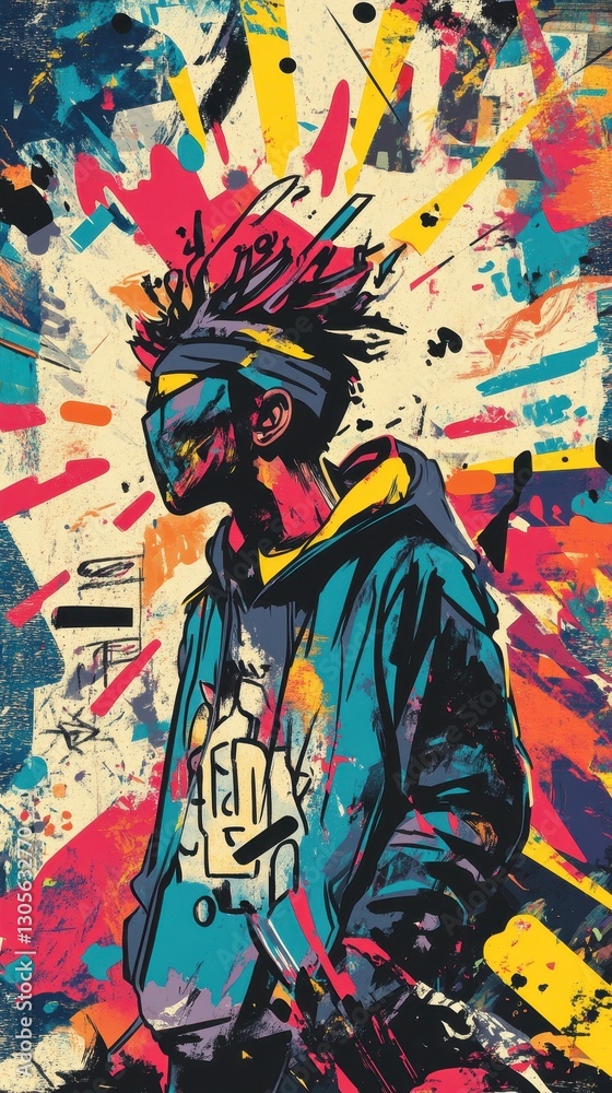 Fototapeta premium Modern artistic illustration depicts a person with colorful abstract backdrop