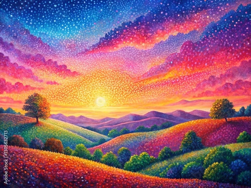 Pink Pointillist Landscape: Abstract Impressionist Sunset Painting