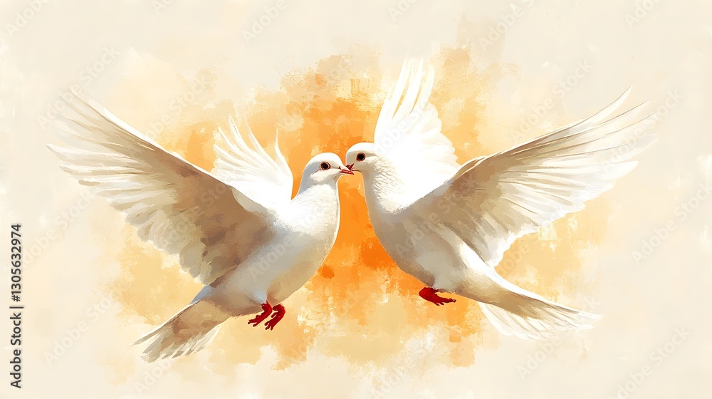 Obraz premium Two white birds are kissing each other. The image has a warm and peaceful mood. The birds are in the air, and their wings are spread out, creating a sense of freedom and joy