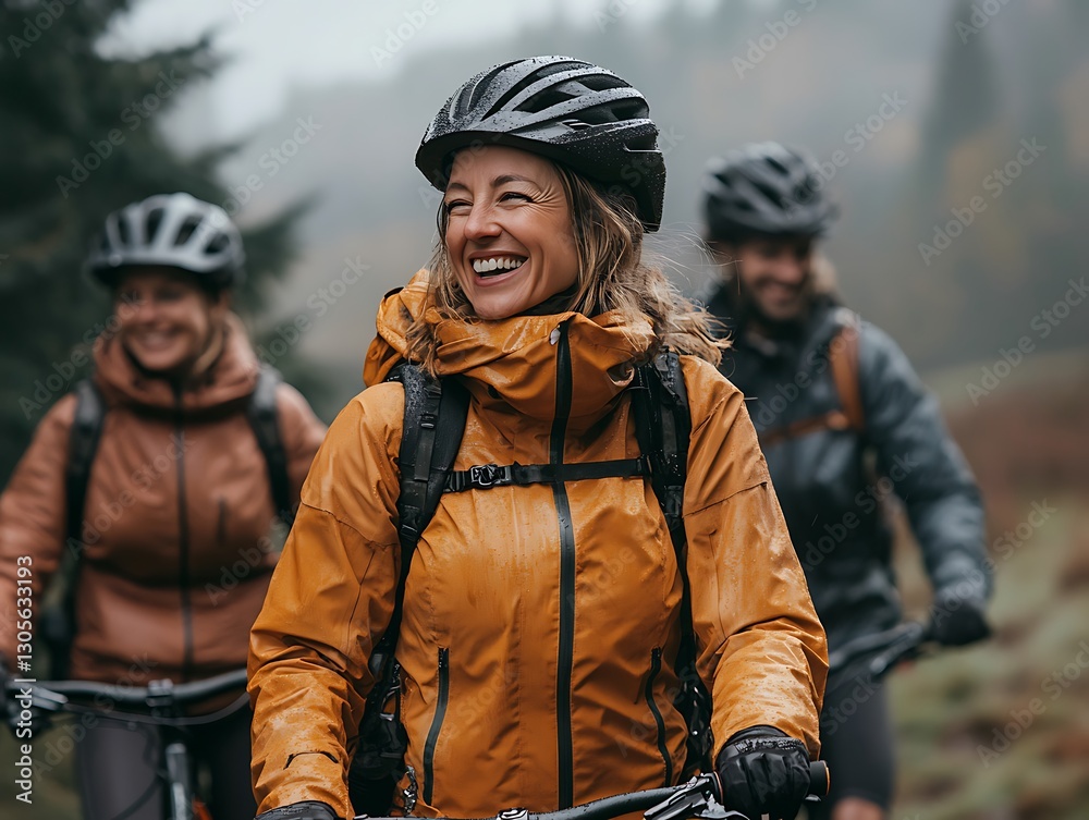 Happy cyclists hiking foggy forest trail Happy cyclists hiking foggy forest trail