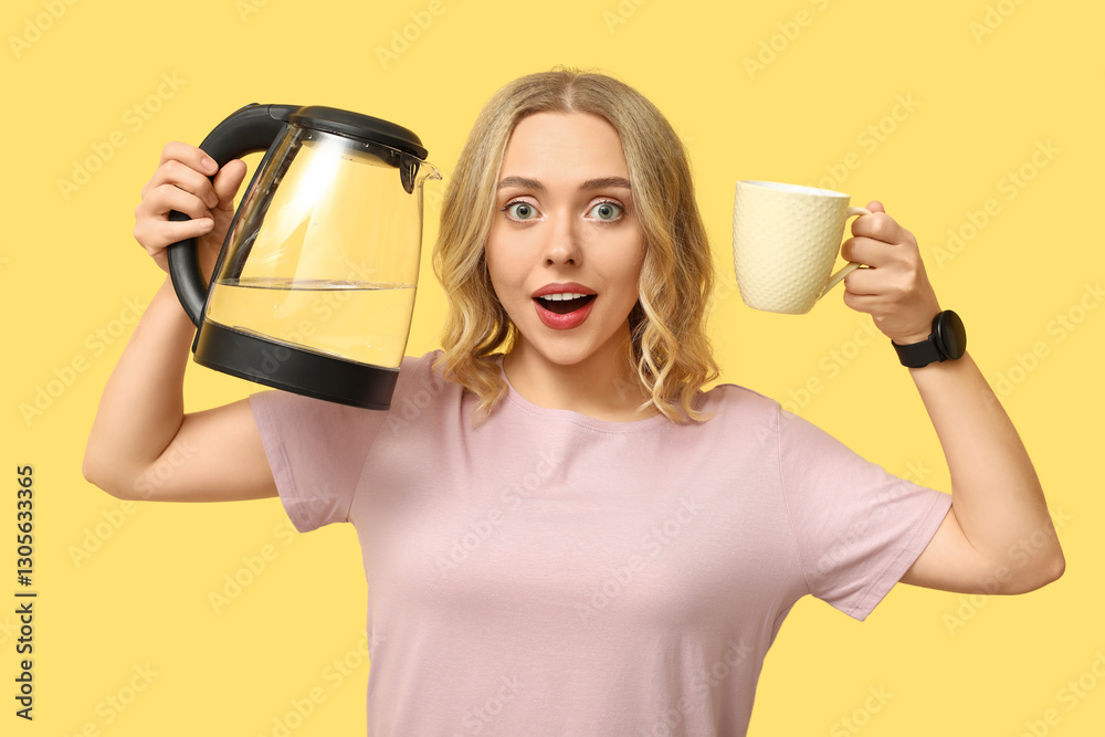Shocked young woman with modern electric kettle on yellow background Shocked young woman with modern electric kettle on yellow background